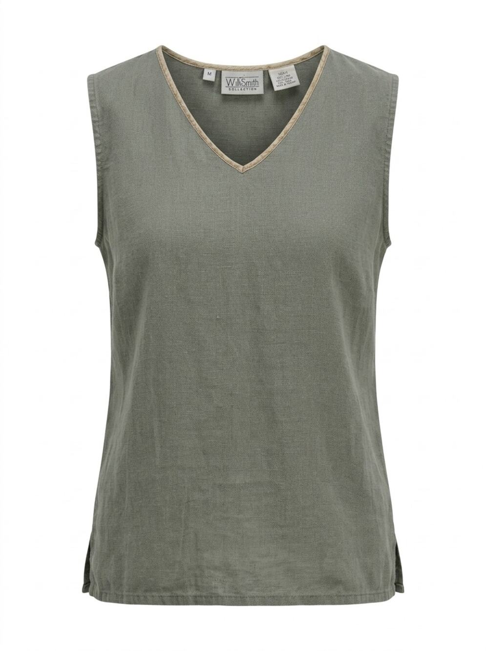 WilliSmith 100% Linen Sage Green V-Neck Sleeveless Tank Top Women Size M
